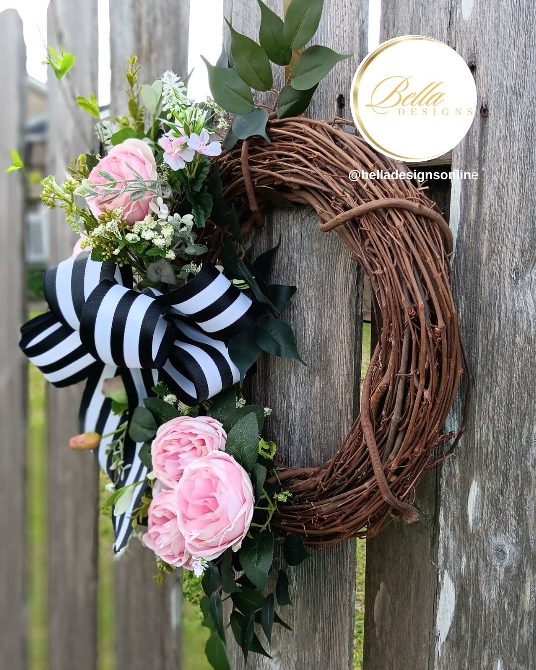 Elegant Blush & Black Striped Bow Wreath – Timeless Floral Door Decor