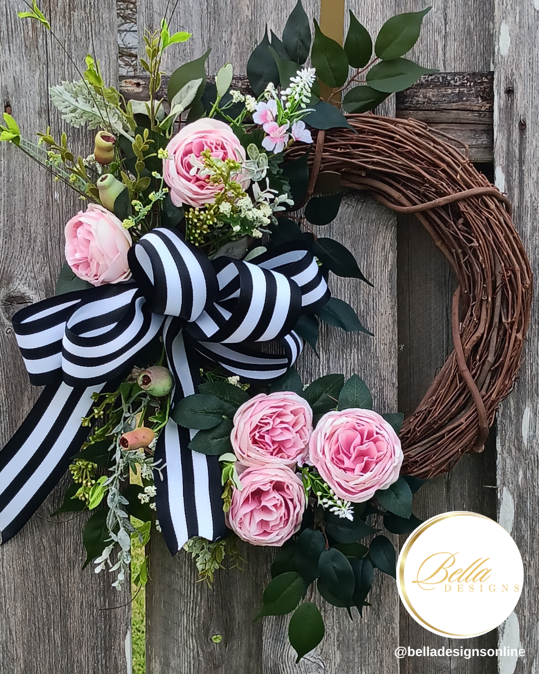 Elegant Blush & Black Striped Bow Wreath – Timeless Floral Door Decor