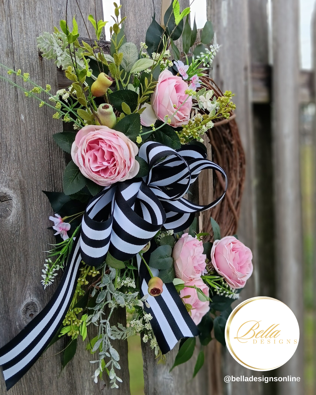 Elegant Blush & Black Striped Bow Wreath – Timeless Floral Door Decor