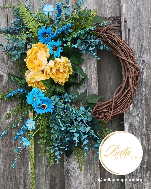 Sunburst Bloom Wreath – Vibrant Blue & Yellow Floral Door Décor