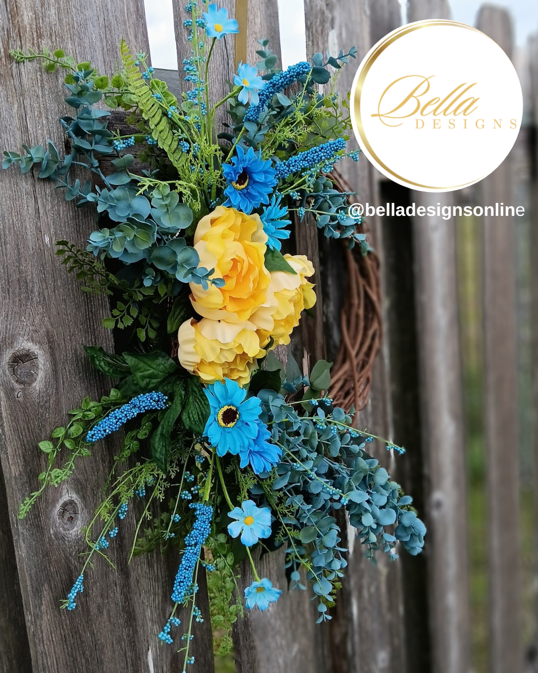 Sunburst Bloom Wreath – Vibrant Blue & Yellow Floral Door Décor