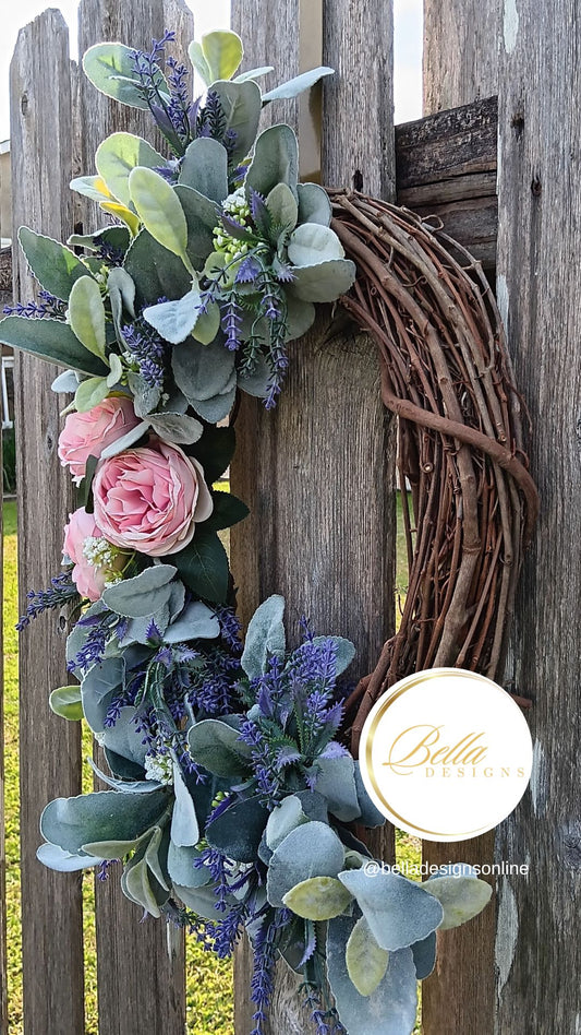 Rustic Elegance Spring Wreath –  Mauve Pink Cabbage Rose & Lavender Door Decor