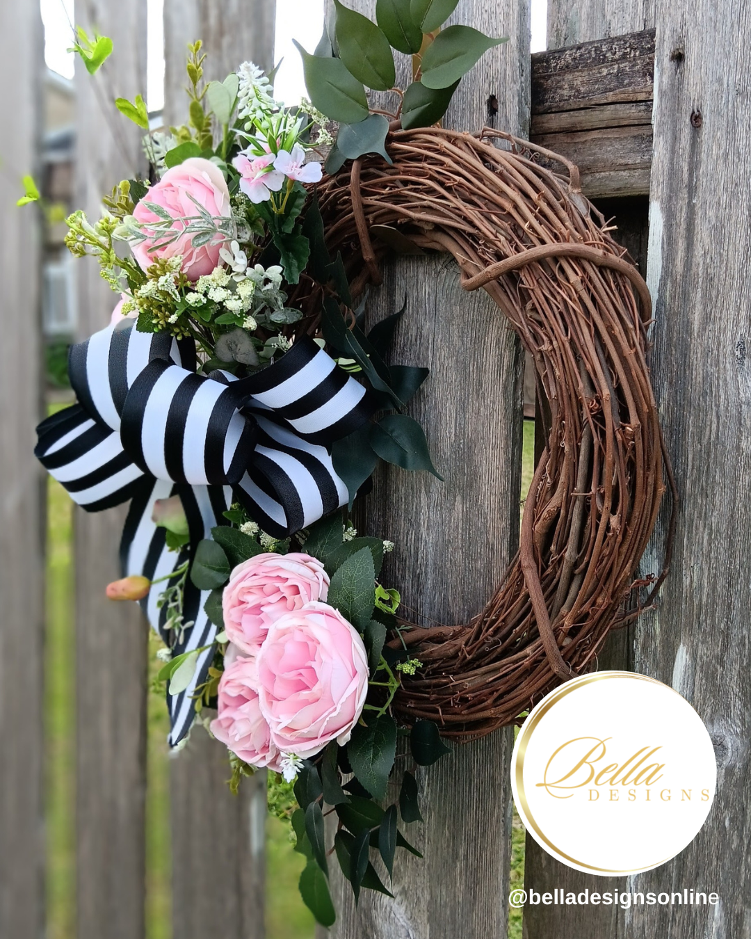 Elegant Blush & Black Striped Bow Wreath – Timeless Floral Door Decor