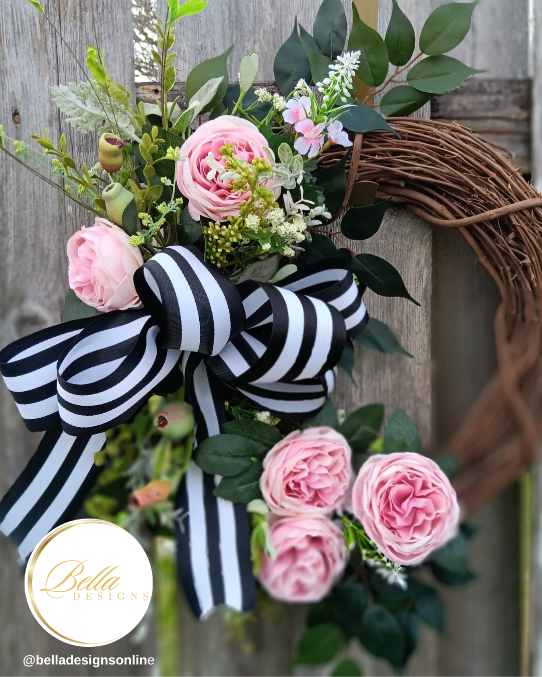 Elegant Blush & Black Striped Bow Wreath – Timeless Floral Door Decor