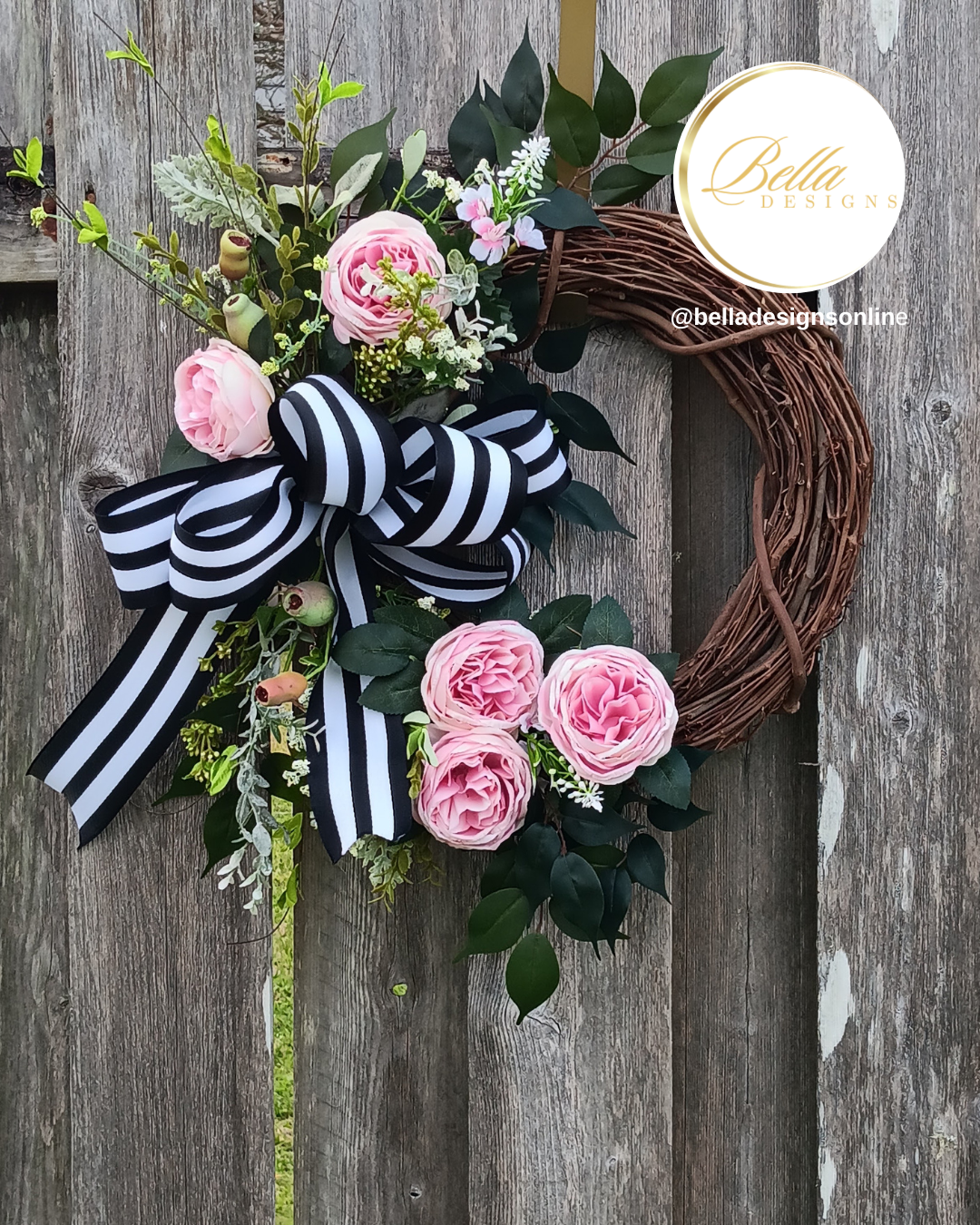 Elegant Blush & Black Striped Bow Wreath – Timeless Floral Door Decor