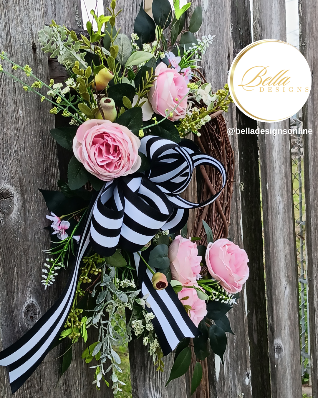 Elegant Blush & Black Striped Bow Wreath – Timeless Floral Door Decor