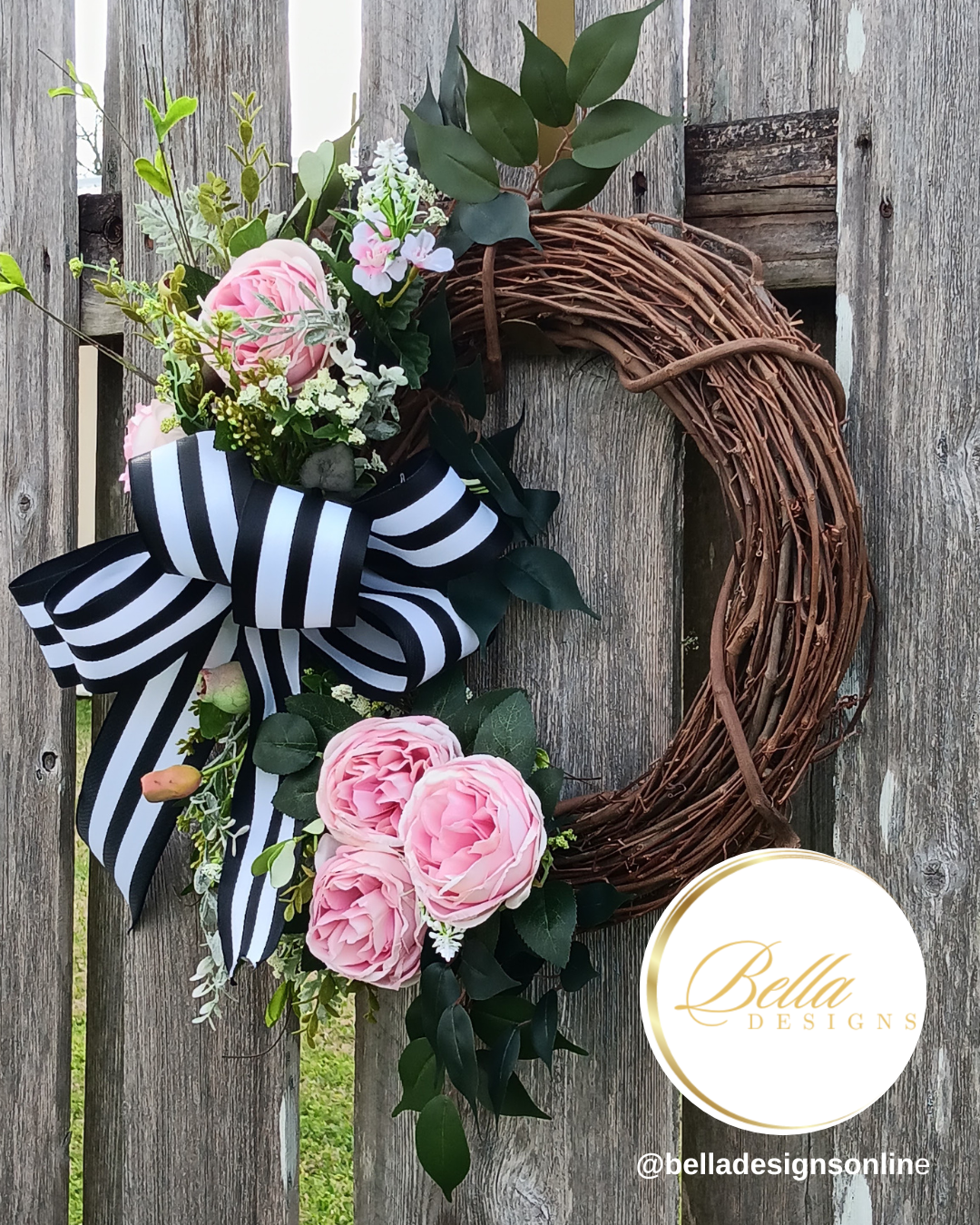 Elegant Blush & Black Striped Bow Wreath – Timeless Floral Door Decor