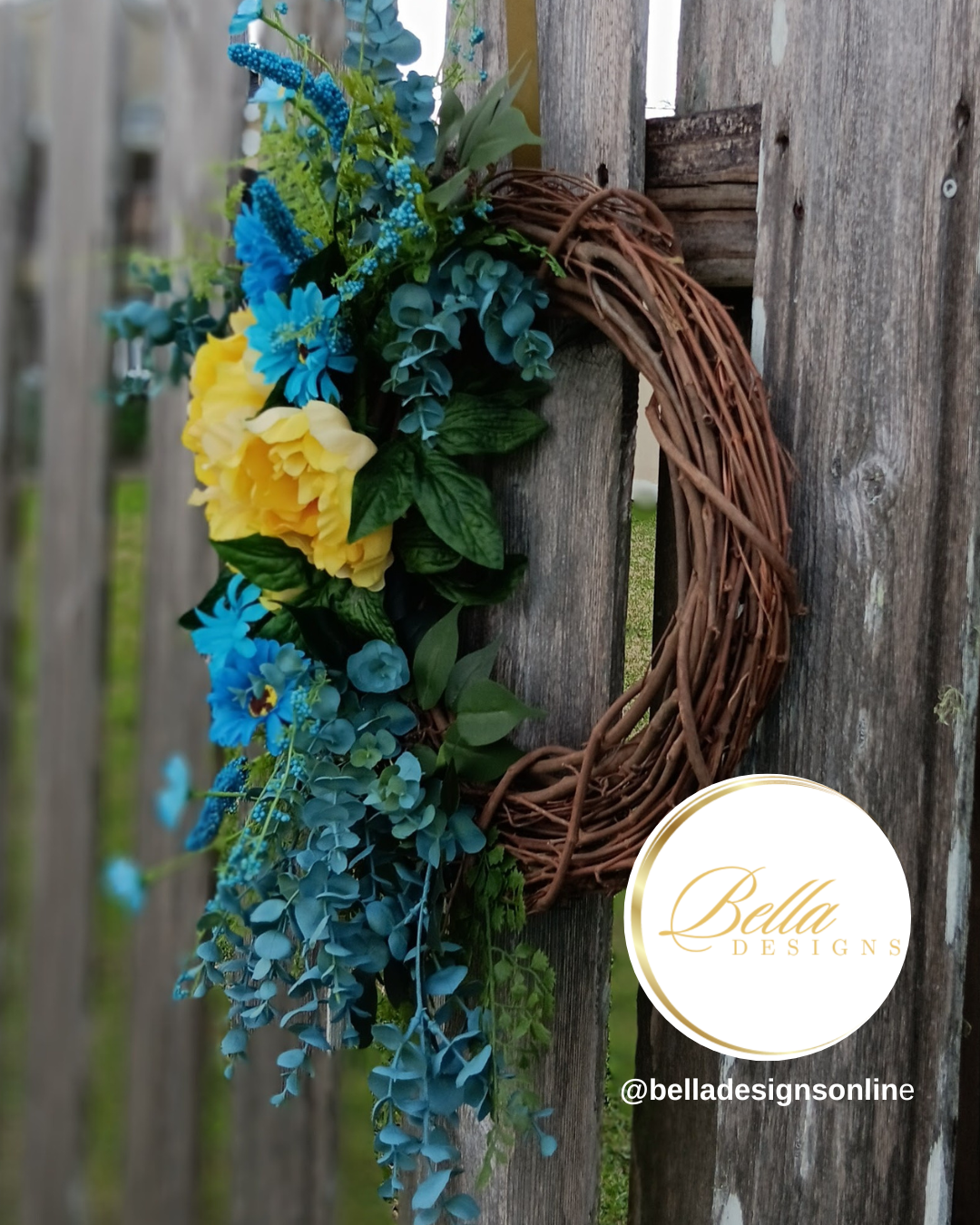 Sunburst Bloom Wreath – Vibrant Blue & Yellow Floral Door Décor