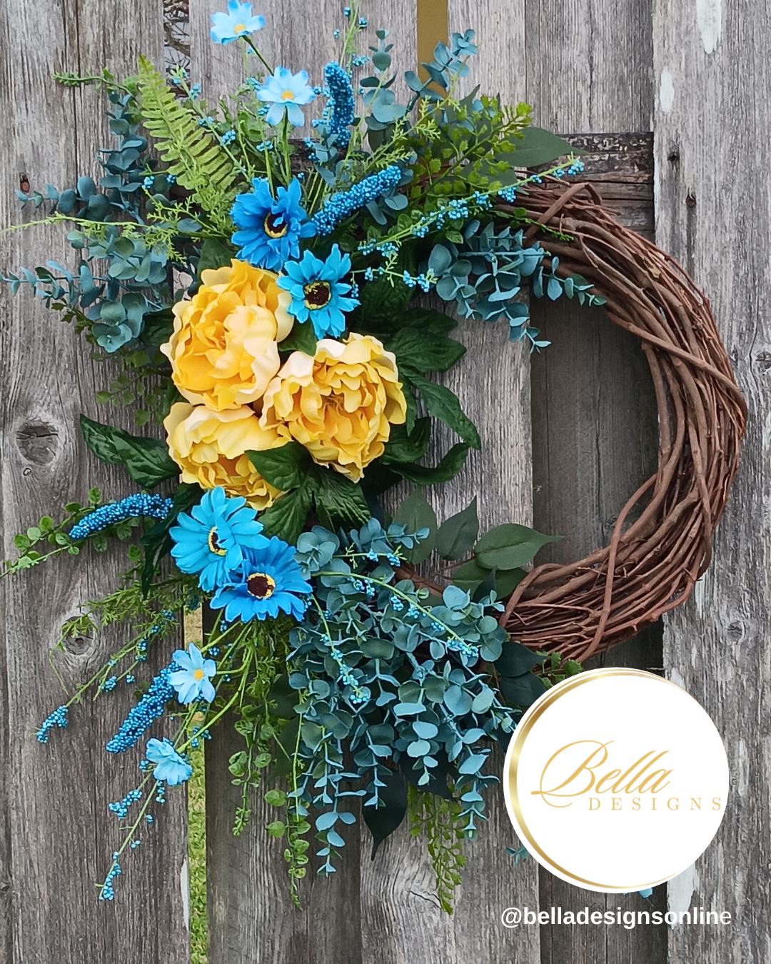 Sunburst Bloom Wreath – Vibrant Blue & Yellow Floral Door Décor