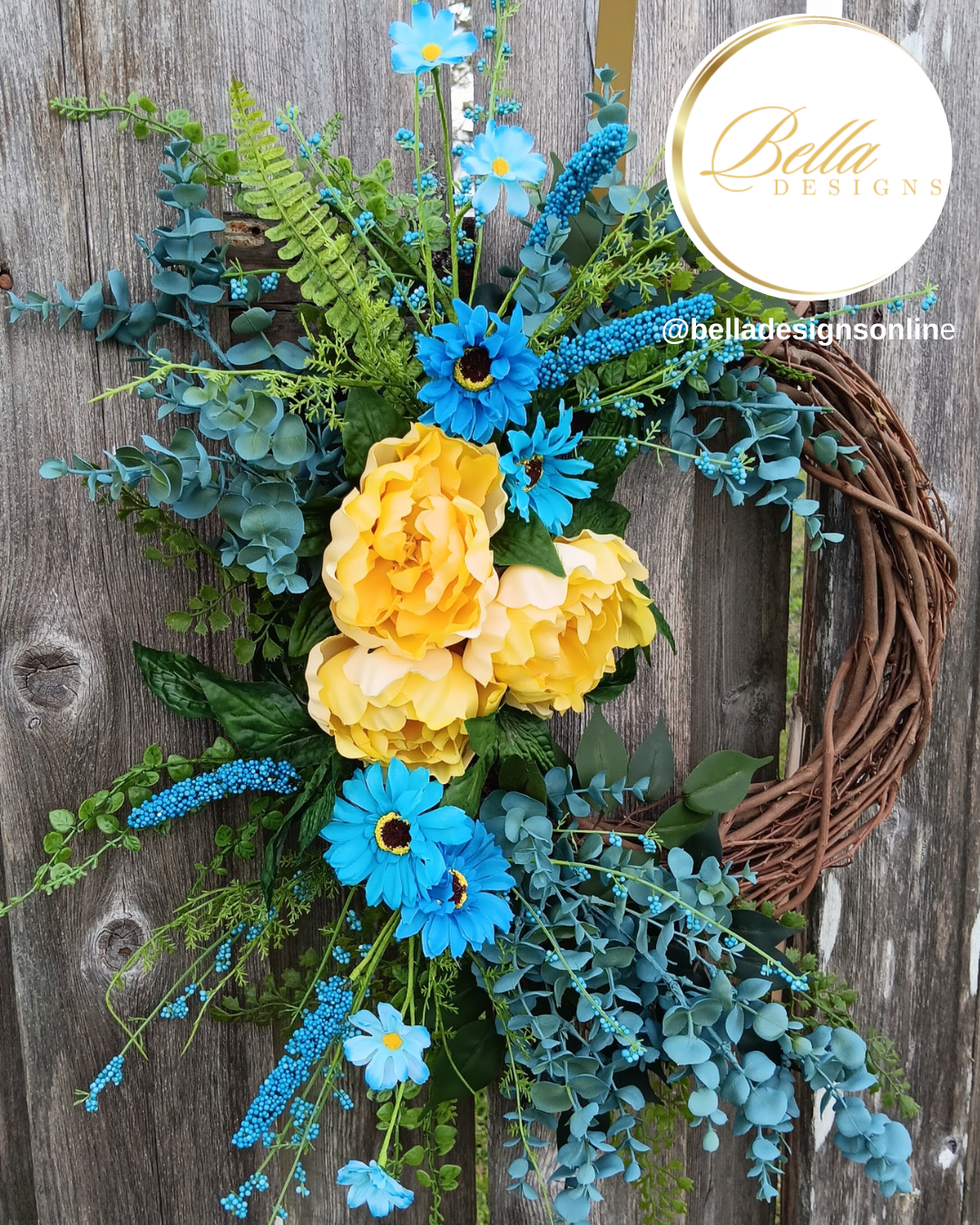 Sunburst Bloom Wreath – Vibrant Blue & Yellow Floral Door Décor