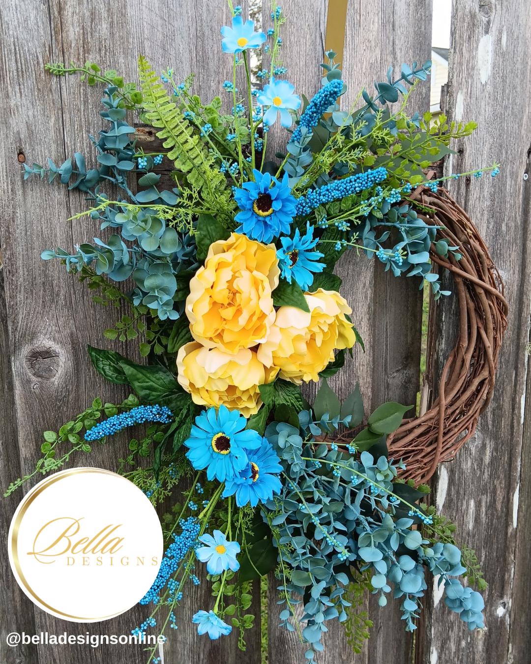 Sunburst Bloom Wreath – Vibrant Blue & Yellow Floral Door Décor