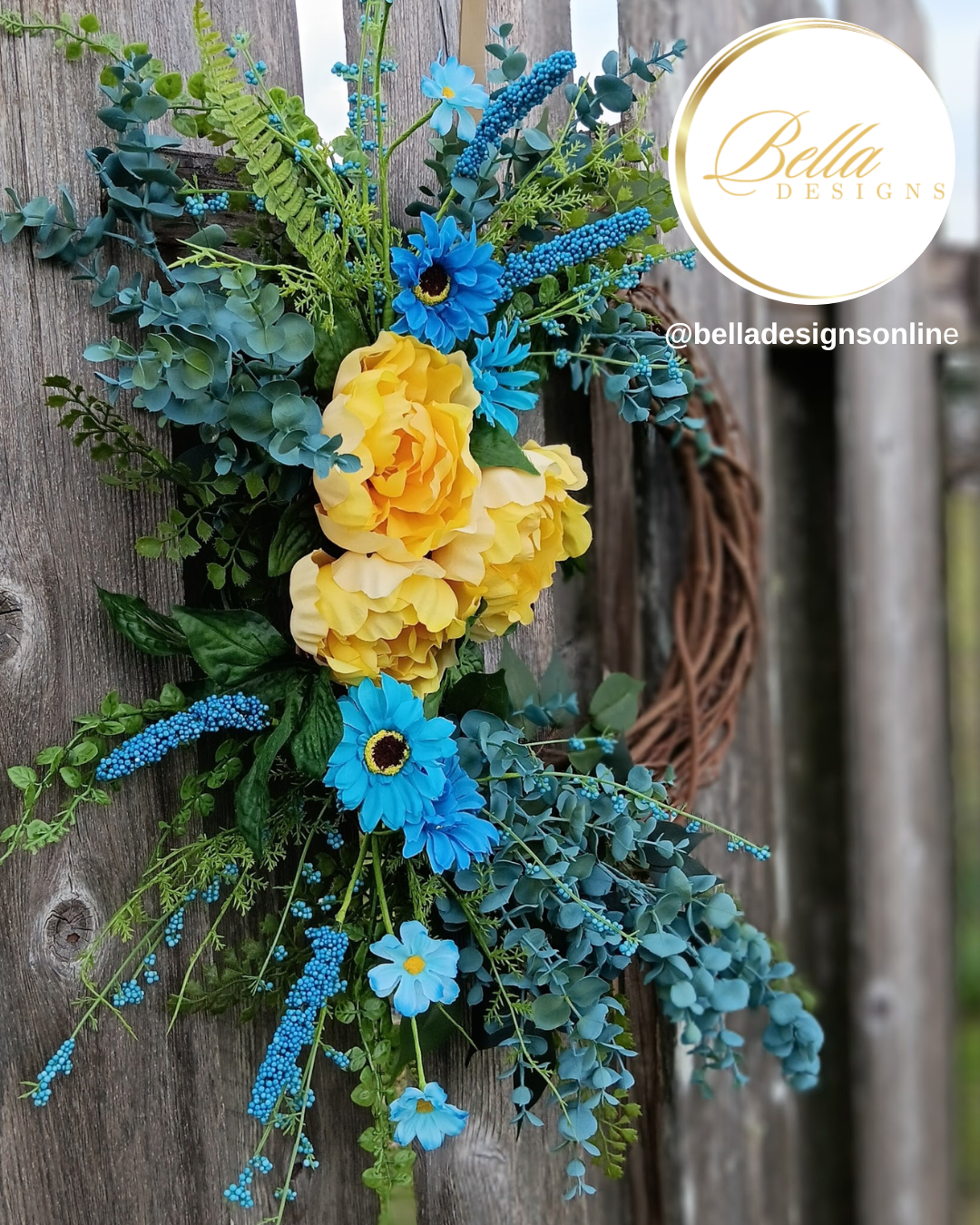 Sunburst Bloom Wreath – Vibrant Blue & Yellow Floral Door Décor
