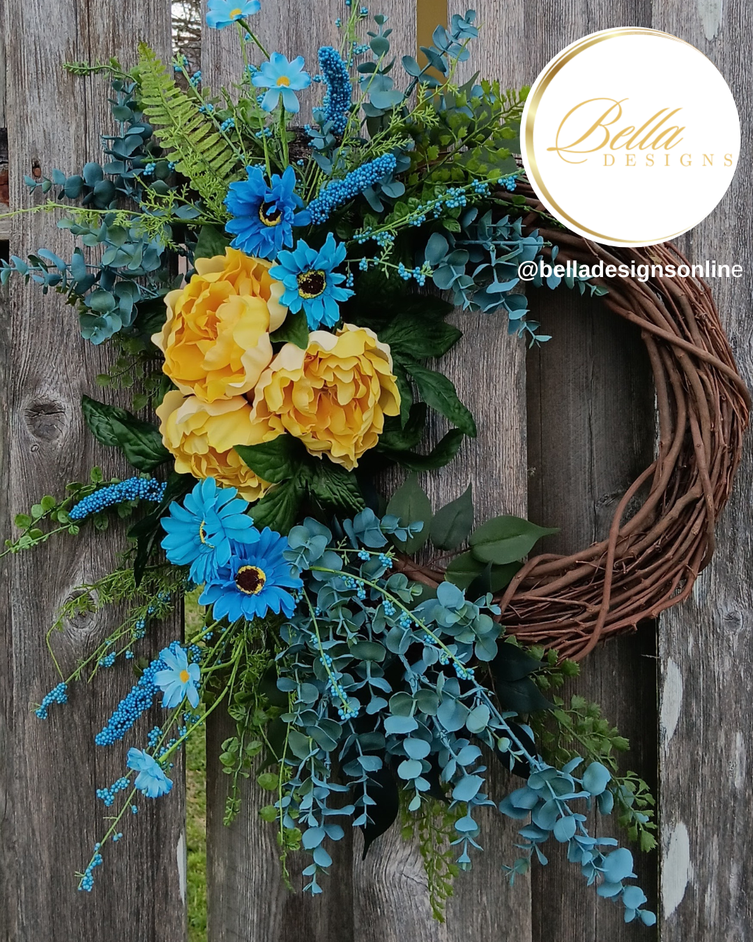 Sunburst Bloom Wreath – Vibrant Blue & Yellow Floral Door Décor