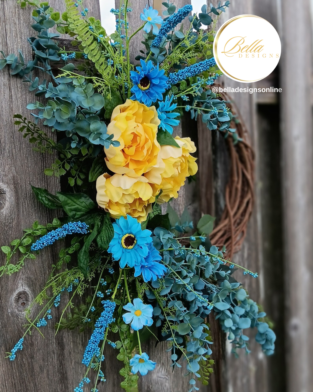 Sunburst Bloom Wreath – Vibrant Blue & Yellow Floral Door Décor