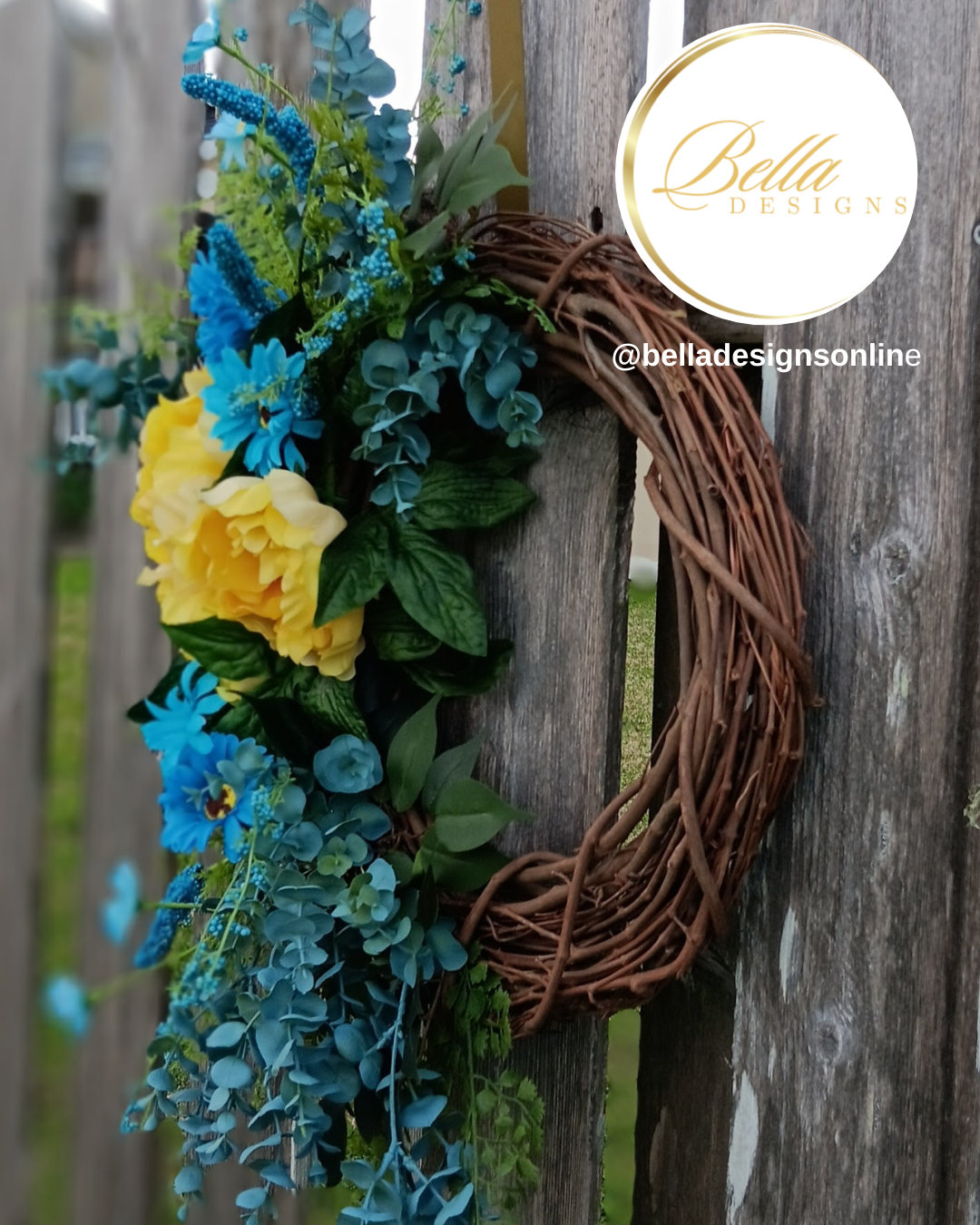 Sunburst Bloom Wreath – Vibrant Blue & Yellow Floral Door Décor