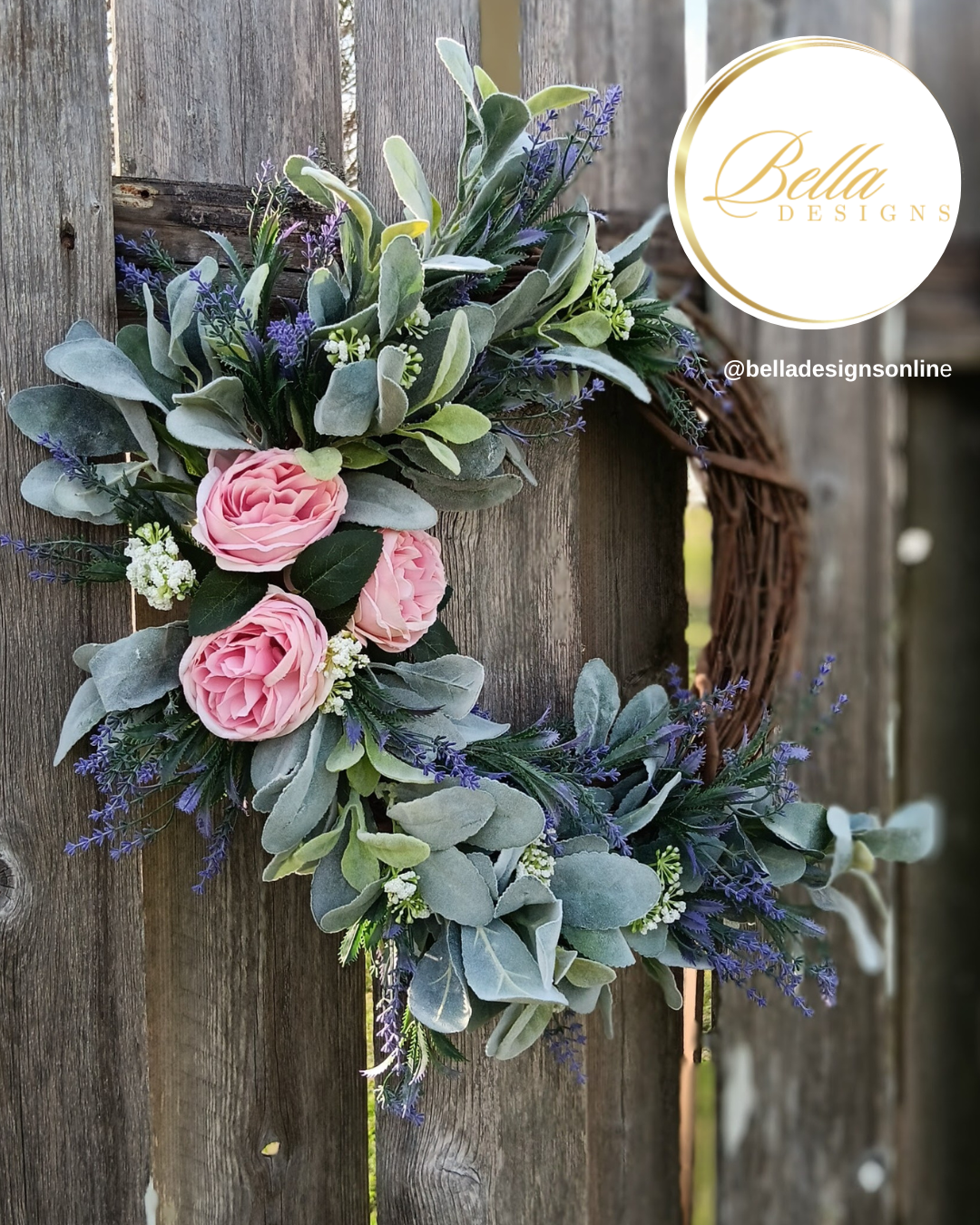 Rustic Elegance Spring Wreath –  Mauve Pink Cabbage Rose & Lavender Door Decor