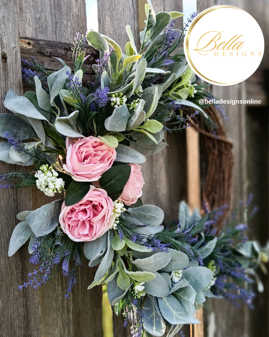 Rustic Elegance Spring Wreath –  Mauve Pink Cabbage Rose & Lavender Door Decor