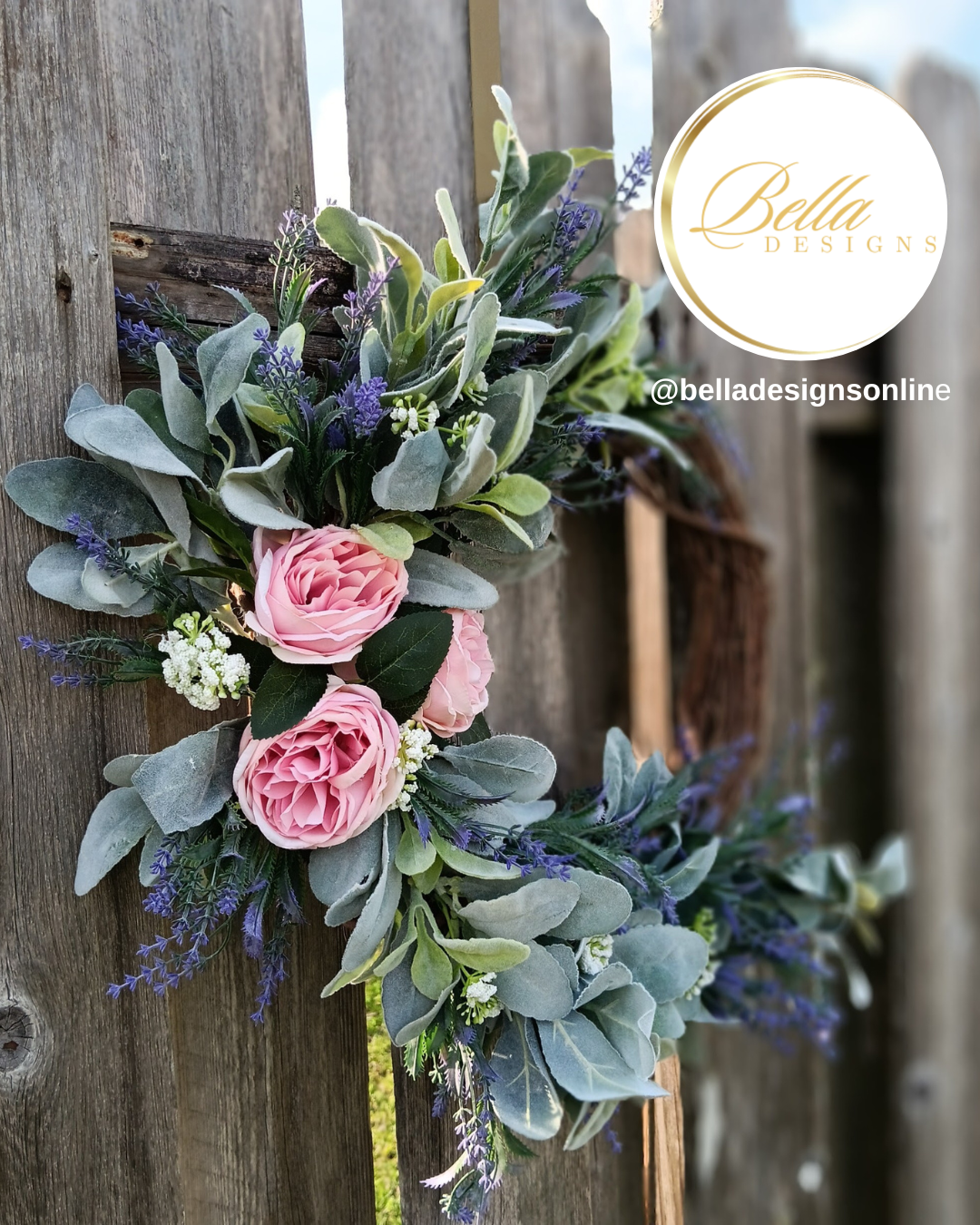 Rustic Elegance Spring Wreath –  Mauve Pink Cabbage Rose & Lavender Door Decor