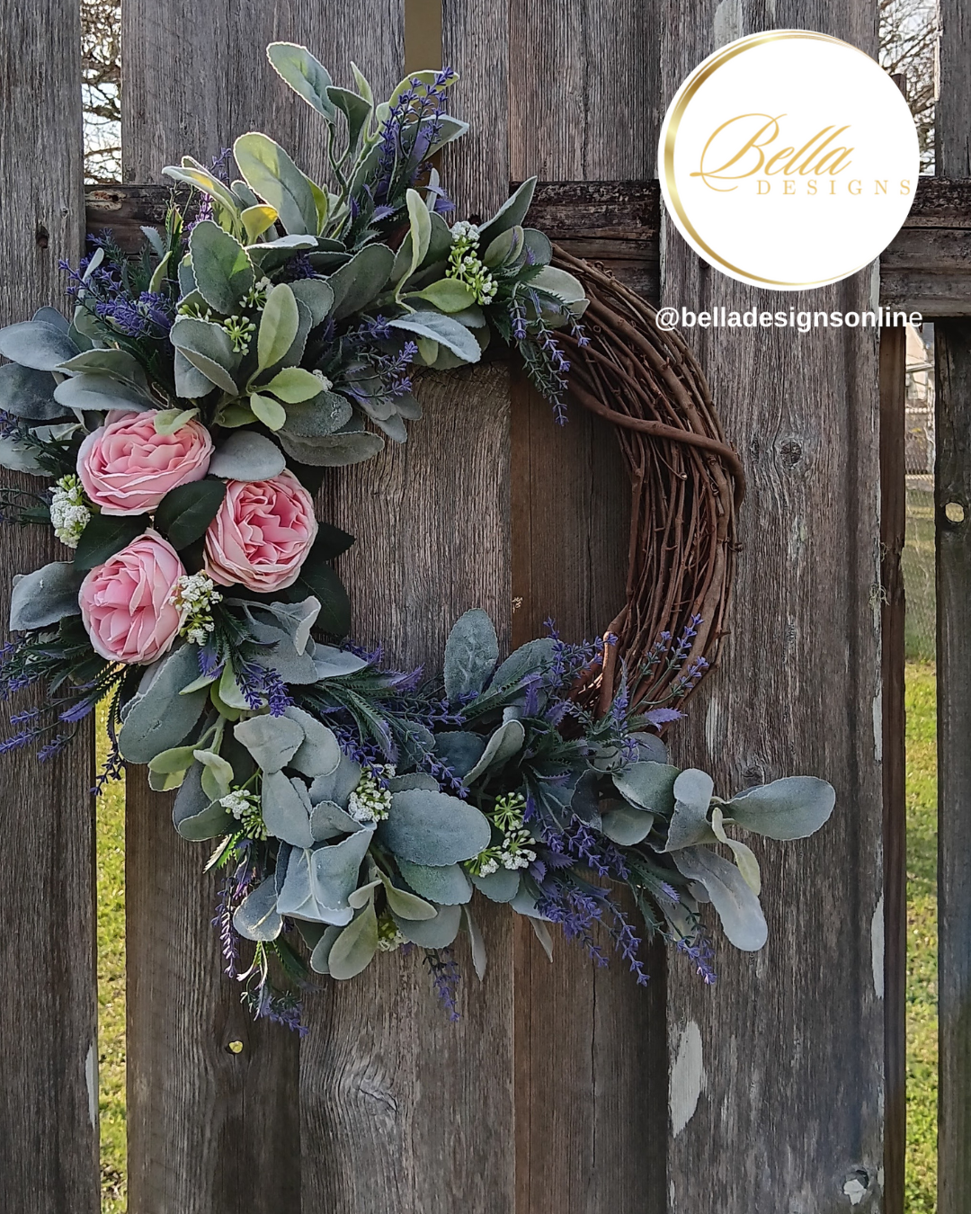 Rustic Elegance Spring Wreath –  Mauve Pink Cabbage Rose & Lavender Door Decor