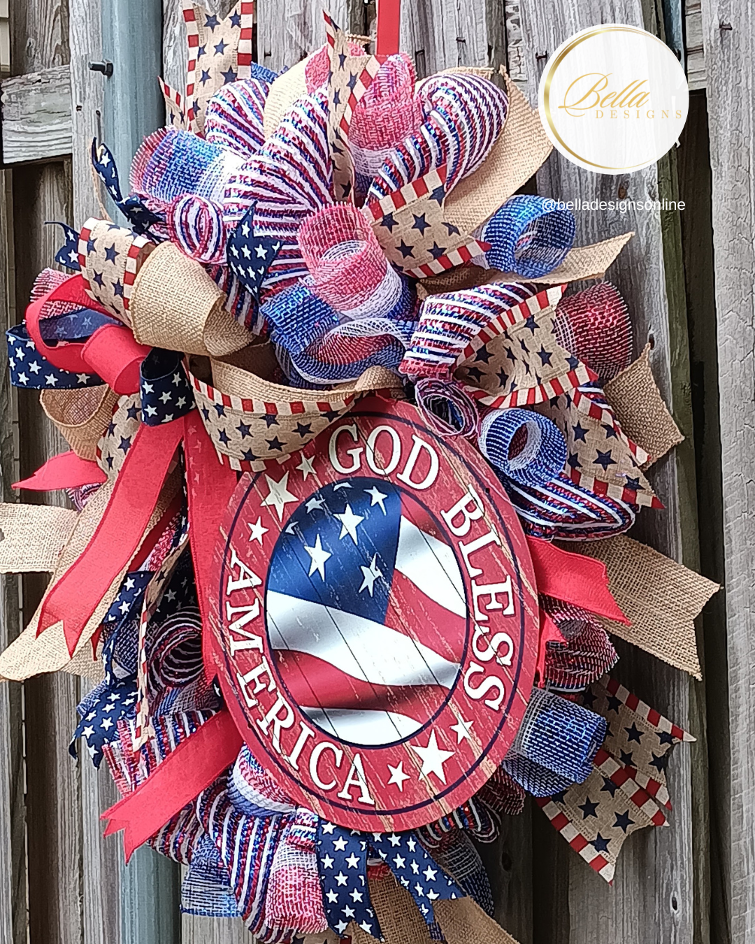 "God Bless America" Patriotic Wreath – Red, White & Blue Door Decor