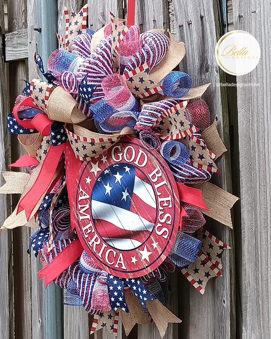 "God Bless America" Patriotic Wreath – Red, White & Blue Door Decor