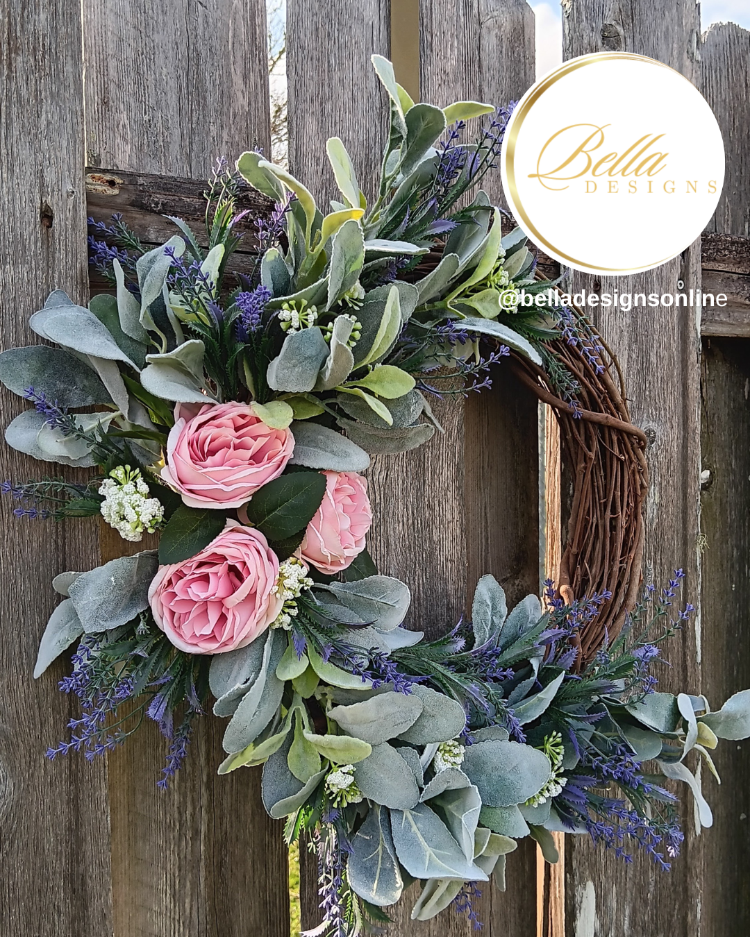 Rustic Elegance Spring Wreath –  Mauve Pink Cabbage Rose & Lavender Door Decor
