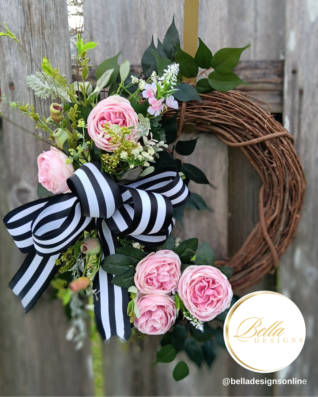 Elegant Blush & Black Striped Bow Wreath – Timeless Floral Door Decor
